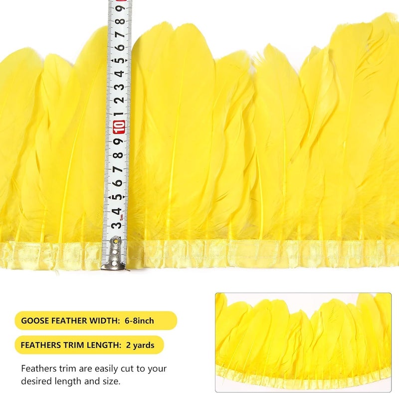 MAOFENG 2 Yards Natural Goose Feathers Trim Sewing Fringe Fashion Dress Sewing 6-8inch for DIY Handicrafts Costumes Decoration,Yellow - Image 2